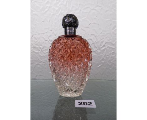 HM BIRMINGHAM SILVER EMBOSSED TOPPED CRANBERRY TINGED OVOID SCENT FLASK WITH HOBNAIL CUT GLASS DECORATION  