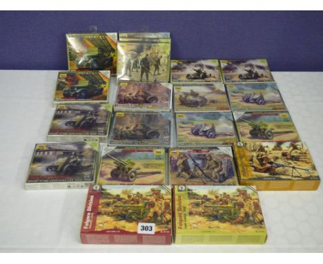 ZVEZDA MINT AND BOXED 1/100 SCALE MODEL KITS OF VARIOUS RUSSIAN ARTILLERY TANK, GUNS, HOWITZERS ETC, THREE MINT AND BOXED WAT