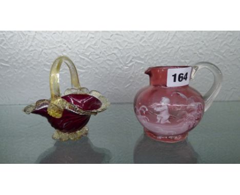 CRANBERRY GLASS JUG DECORATED IN MARY GREGORY STYLE 10CM APPROX, RUBY RED CRIMPED EDGE BASKET 