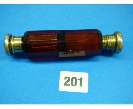 RUBY RED OBLONG DOUBLE SIDED SCENT BOTTLE WITH UNMARKED WHITE METAL MOUNTS 12CM APPROX WITH HINGED LID/SCREW TOP FASTENINGS 