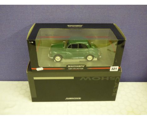 MINI CHAMPS 1:18 SCALE MORRIS MINOR VEHICLE IN BOX AND PERSPEX SHOWCASE 