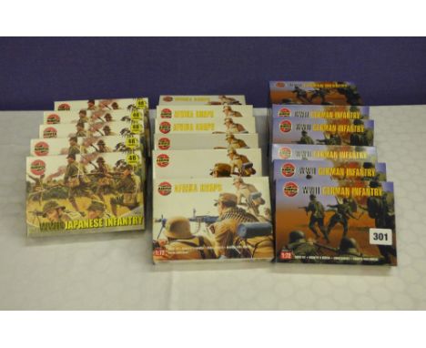 SEVEN AIR FIX MINT AND BOXED 1/72 SCALE AFRICA CORPS, EIGHT AIR FIX GERMAN INFANTRY MODEL KITS AND SIX AIR FIX WWII JAPANESE 