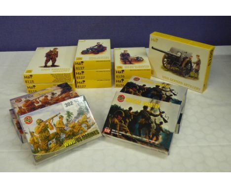 TWO HAT 8118 MINT AND BOXED 1/72 SCALE 96X ROMANIAN INFANTRY KITS, THREE HAT MINT AND BOXED 1/72 SCALE 6X MOTORCYCLES WITH SI