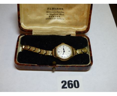 LADIES VINTAGE OMEGA 9CT GOLD WRIST WATCH NO. 56954 ON 9CT ROLLED GOLD BRACELET WITH CERTIFICATE AND BOX
