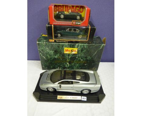 MAISTO 1:12 DIECAST METAL MODEL JAGUAR XJ220 (1992) WITH BOX, A MAISTO 1:18 SCALE JAGUAR MARK II SPECIAL EDITION AND A BURAGO