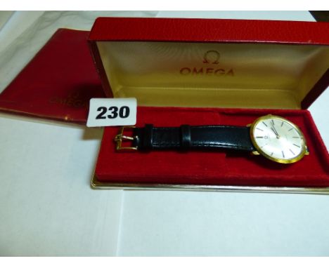 VINTAGE BOXED OMEGA DEVILLE GOLD PLATED CONSTELLATION WRIST WATCH ON LEATHER STRAP WITH BOOKLET 