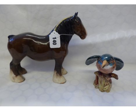 BESWICK SHIRE MARE BROWN GLOSS WITH YELLOW RIBBONS 21.6CM HIGH FIRST VERSION BLACK CIRCLE BACK STAMP AND A BESWICK KINGFISHER