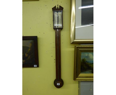 19TH CENTURY MAHOGANY CHEVRON INLAID STICK BAROMETER SILVERED DIAL DONEGAND LONDON A/F 92CM