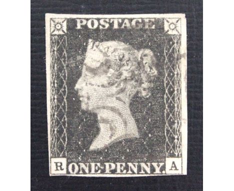 1840 Penny Black. Lettered R-A. Black Maltese Cross.