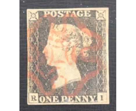 1840 Penny Black. Lettered R-I. Red Maltese Cross.