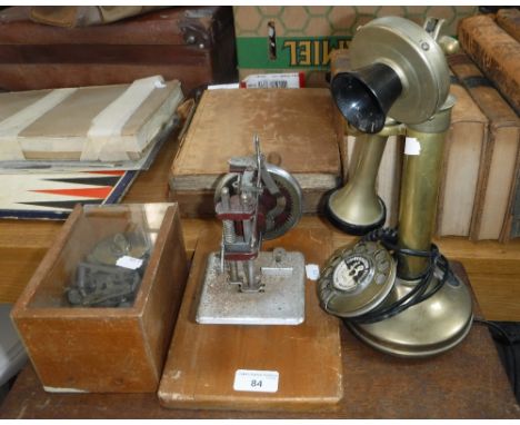 A BRASS 'CANDLESTICK' TELEPHONE, a small sewing machine and an 'Acme' auto-switch (3)