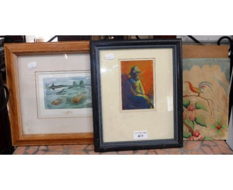 A SMALL MODERN WATERCOLOUR STUDY by Ramsey 'Goldfish', a small oil portrait of a man and an unframed watercolour of birds in 