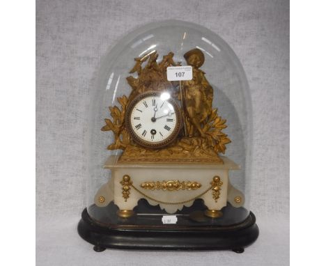 A 19TH CENTURY FRENCH GILT SPELTER MANTEL CLOCK on a white alabaster base, under a glass dome