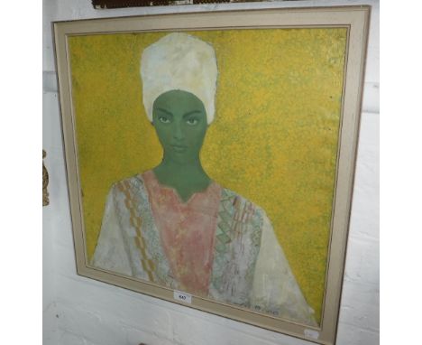 TESHEY ASSEFA (Ethiopian): 'Portrait with yellow flowers', oil on canvas, signed and dated 2000 