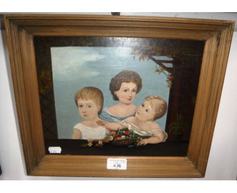 A NAIVE 19TH CENTURY OIL ON BOARD PORTRAIT of three children and a basket of flowers