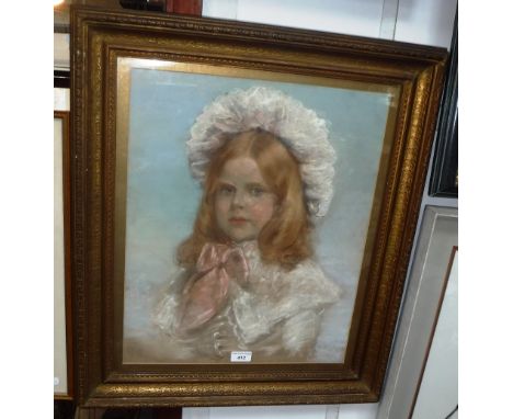 A VICTORIAN PASTEL PORTRAIT of a little girl wearing a big pink bow