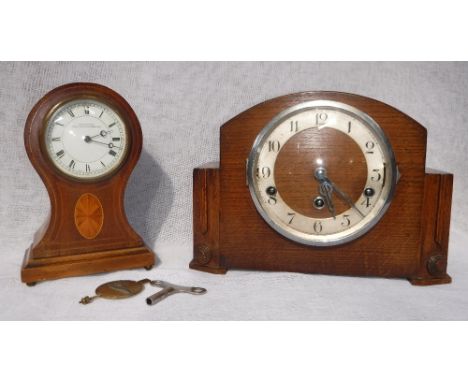 AN EDWARDIAN BALLOON CLOCK by 'Bravington' King's Cross & Ludgate hill and an oak cased mantel clock (key and pendulum in off