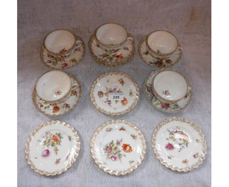 SIX DRESDEN FLORAL DECORATED CUPS AND SAUCERS