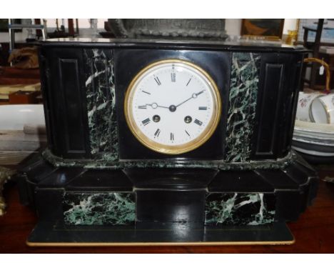 A VICTORIAN BLACK SLATE AND MARBLE MANTEL CLOCK
