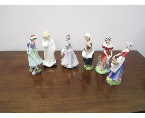 A collection of Royal Doulton figures, consisting of 'Jemma' HN3168, 'Dawn' HN3258, 'Polly' HN3178, 'Lizzie' HN2749, 'Midinet
