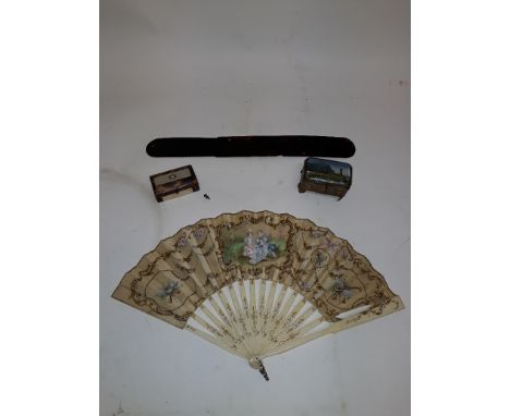 Nineteenth Century Miniature Tortoiseshell Trinket Box Great Exhibition Trinket Box and Silk Fan, a tortoiseshell and mother 
