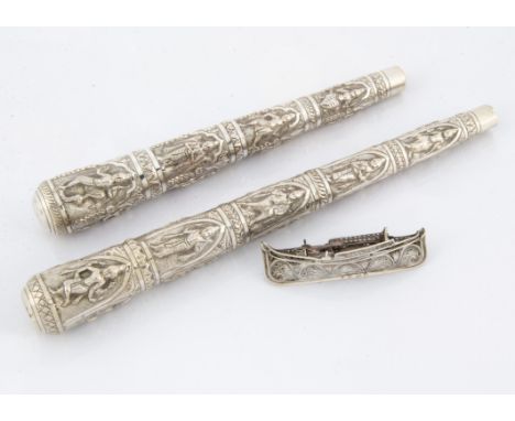 Two vintage Indian silver parasol handles, each with raised designs of figures, 25cm and 20.5cm, 5ozt, together with a small 