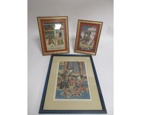 A Japanese woodblock print of two ladies in kimonos,  framed and glazed by the Rowley Gallery, 36cm x 26.5cm, together with t