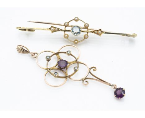 An Edwardian 15ct gold aquamarine and seed pearl bar brooch,  together with a 9ct gold amethyst and seed pearl Edwardian drop