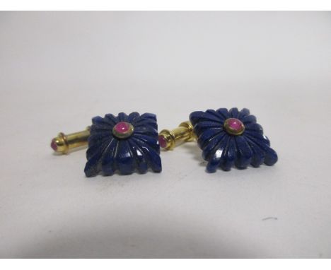 A pair of lapis and ruby cufflinks,  each gilt mount stamped 925