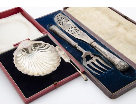 A George V silver shell butter dish and spoon in case and plated item, together with a cased set of Victorian silver fish ser