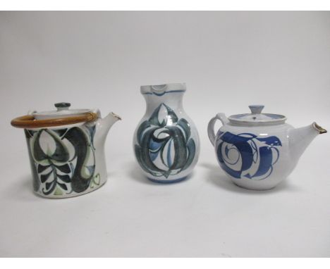 Three pieces of Aldermaston pottery, including an Alan Caiger-Smith jug, height 18cm and teapot AF, height 14cm, both with bl