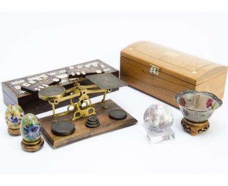 A small group of works of art, including a cribbage board box with three sets of cards, a pair of late Meiji period Japanese 