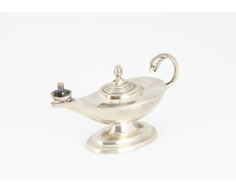 A 1950s silver small novelty table lighter, in the form of a Roman oil lamp, Birmingham 1955, 8.5cm wide, overall good