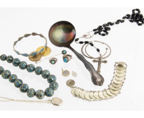 A collection of Mexican silver and turquoise jewels, including a graduated bead necklace, various silver rings, silver bracel