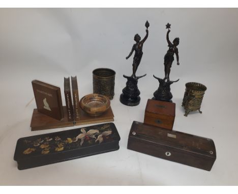 Victorian and Later Glove Boxes Metal Ware and Trien, a Victorian rosewood and mother of pearl glove box and papier mache exa