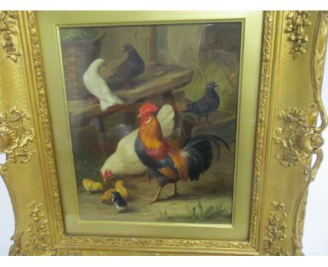 Edgar Hunt (1876-1953) oil on canvas, depicting chickens, chicks, pigeons and doves outside beside a bench, signed and dated 