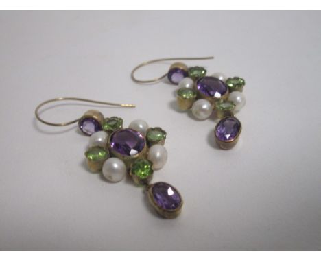 A pair of 20th Century pearl amethyst and peridot drop earrings,  in yellow metal mount, the suffragette colours on hooped ri