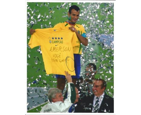 Football Cafu signed 10x8 colour photo pictured celebrating while playing for Brazil. Good Condition. All signed pieces come 