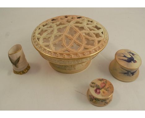 A quantity of Royal Worcester blush ivory, to include a centre piece with pierced cover, shape G71, a small patch box decorat