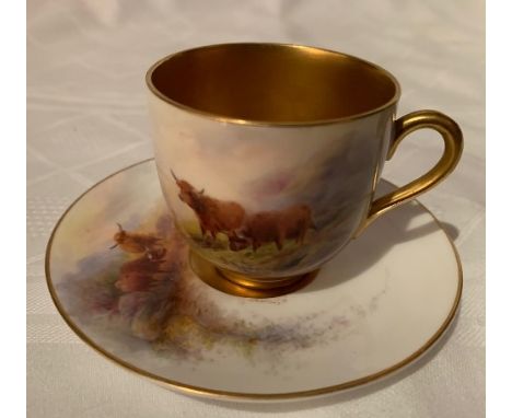 A Royal Worcester miniature coffee cup and saucer, decorated with cattle by H Stinton, circa 1912Condition Report:  Inspected