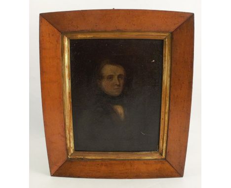A 19th century English School, oil on canvas, portrait of a man, inscribed to back, 11ins x 8.5ins, in birds eye maple frame