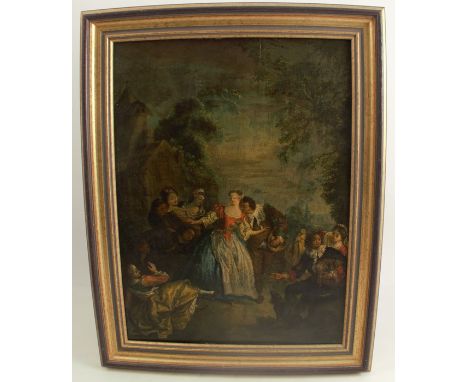 An 18th century oil on panel, Fete Galante, figures playing blind man's buff in landscape, 17ins x 12.5ins