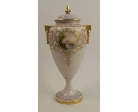 A Royal Worcester covered vase, decorated with a small panel of a landscape scene by Raymond Rushton, to a green ground with 