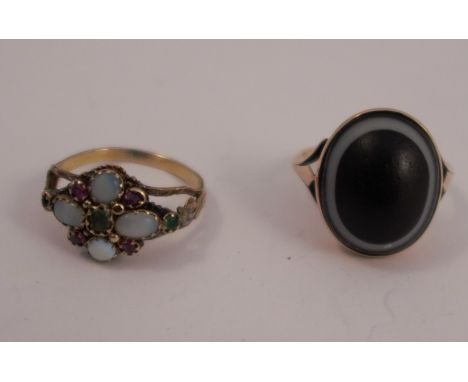 A Victorian opal and stone set ring, together with a banded agate set ringCondition Report:  Banded agate - Some wear to the 