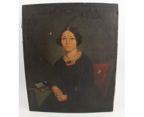 A 19th century English School, oil on canvas, portrait of a woman seated, unframed, 21ins x 17ins