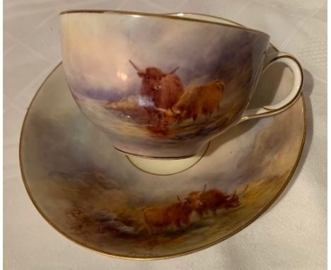 A Royal Worcester teacup and saucer, decorated with highland cattle by H Stinton, circa 1918,&nbsp;Condition Report:  Inspect