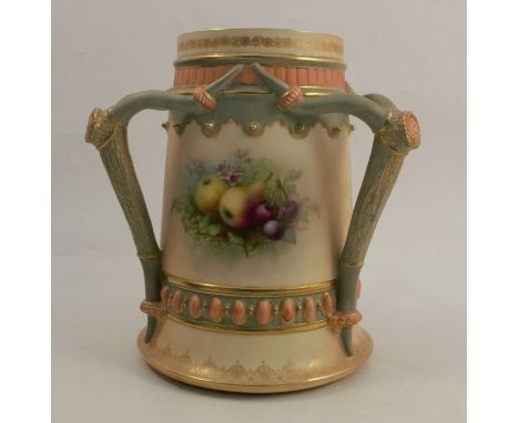 A Royal Worcester loving mug, the three handles formed as antlers decorated with three still lives of fruit and flowers by Ch