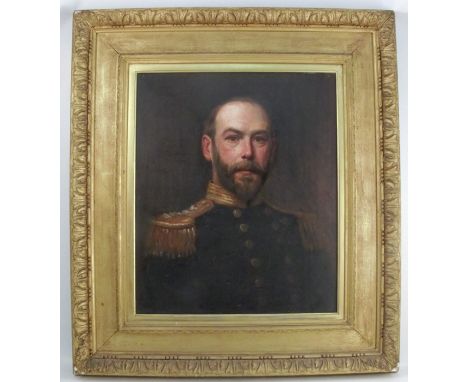 A 19th century oil on canvas, portrait of Captain R F Britten R.N, May 1883, inscribed to the back, 23.5ins x 19.5ins