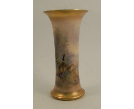 A Royal Worcester spill vase, of flared trumpet form, decorated with a cock and hen pheasant in a glen by James Stinton, shap