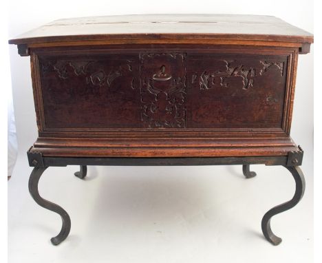 A Continental Antique box, with rising lid, the top showing remains of a circular pen work decoration, the interior with simi